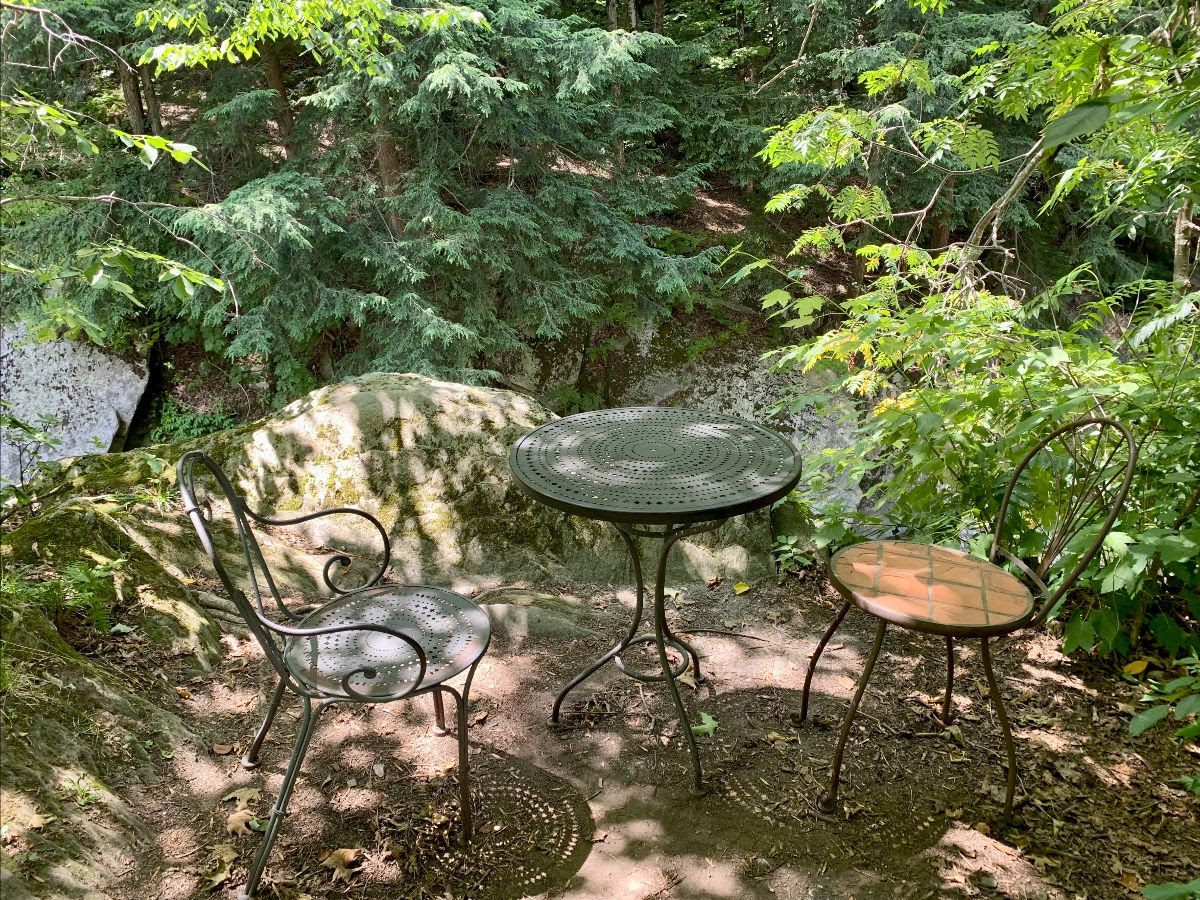 A table and chairs in the woods