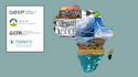 A graphic of the African continent made up of sustainability imagery on a green background