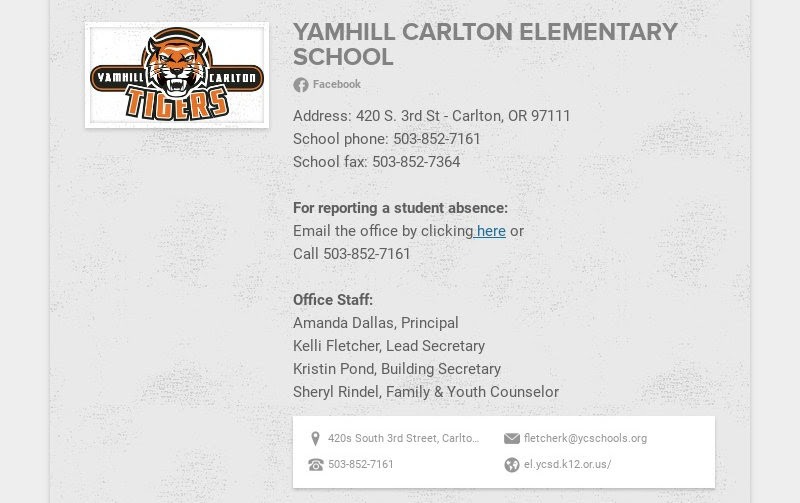 YAMHILL CARLTON ELEMENTARY SCHOOL
                        Facebook
                        Address: 420 S. 3rd St - Carlton, OR 97111
                        School...