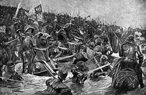 Armoured men on horses and on foot attack each other with swords and polearms in a river. The ones on the right are seeking to flee the battle while pursued by the mass of men who are charging in from the left.