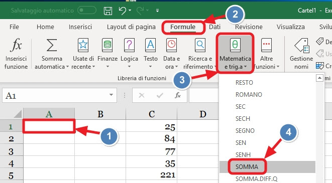 inserimento delle funzione somma,  creazione guidata