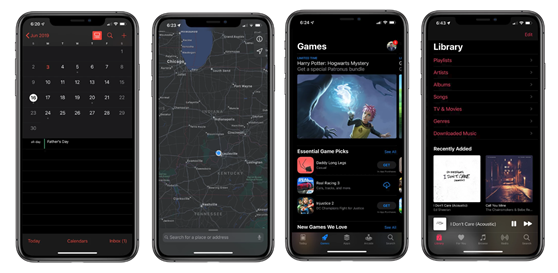 Screenshots of an iPhone in Dark Mode: Calendar, Maps, App Store, and Music