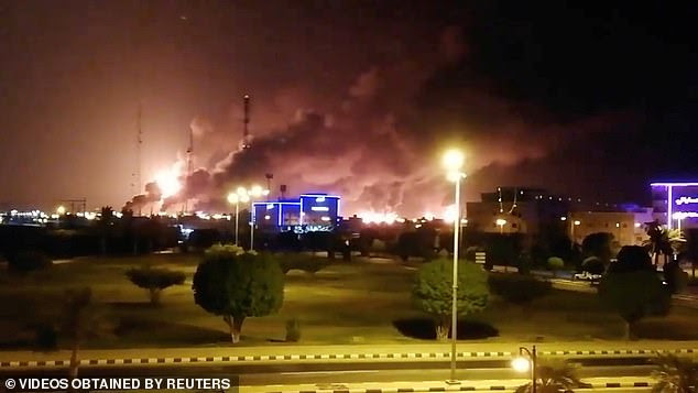 Smoke is seen following a fire at an Aramco factory in Abqaiq, Saudi Arabia, September 14