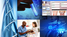 DNA, a hand holding a test tube, electronic health record, a doctor talking to a child, and a person looking at data