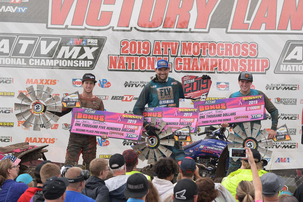 Chad Wienen (center), Joel Hetrick (left) and Cody Ford (right) rounded out the top three Sunset Ridge ATVMX AMA Pro podium.