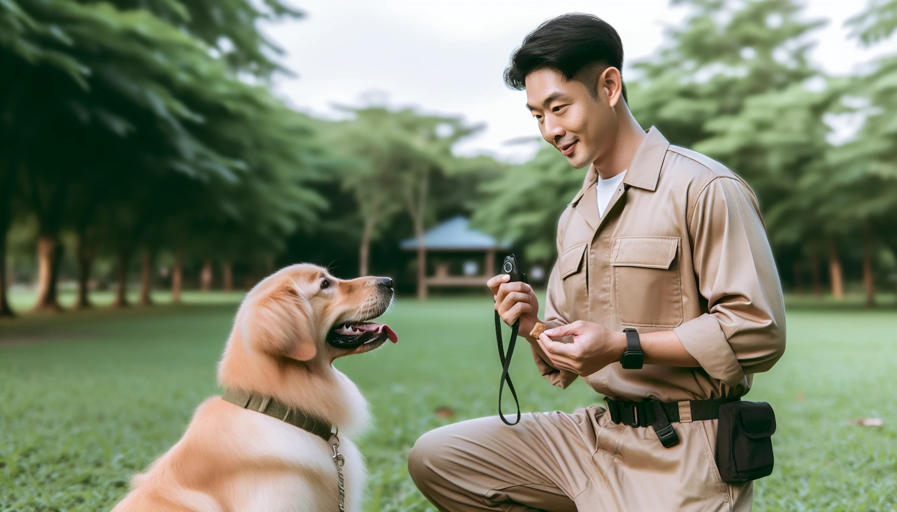 Illustration of a professional dog trainer using positive reinforcement techniques