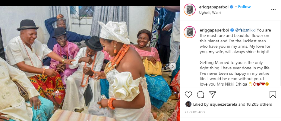 Rapper Erigga and fiancee, Morenike hold their traditional marriage in Delta state (photos)