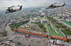 Golden Eagles is flying above the Red Square, Moscow