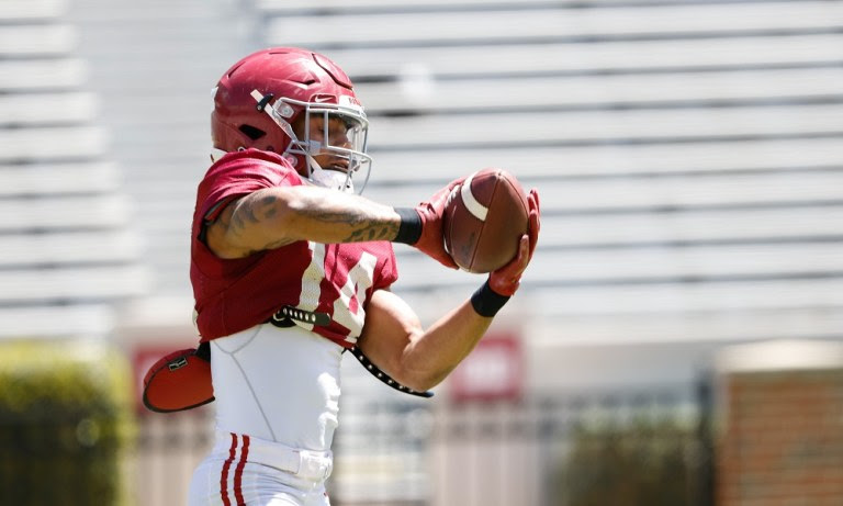 Alabama DB Brian Branch (#14) records an interception in drills before second scrimmage