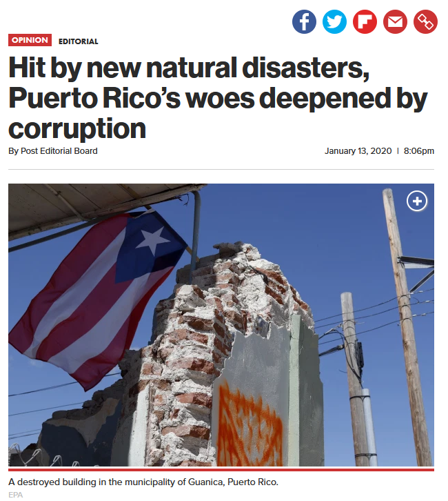 NY Post: Hit by new natural disasters, Puerto Rico’s woes deepened by corruption 