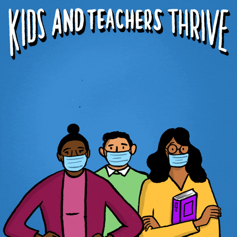 Three people standing in front of moving text which states "Kids and teachers thrive when the rich pay what they owe"