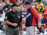 Washington Nationals manager Davey Johnson (right) argues with first base umpire Marvin Hudson before being ejected during the sixth inning of the Nationals&#39; 5-4 road loss to the Atlanta Braves on Sept. 15, 2012. (Associated Press) **FILE**