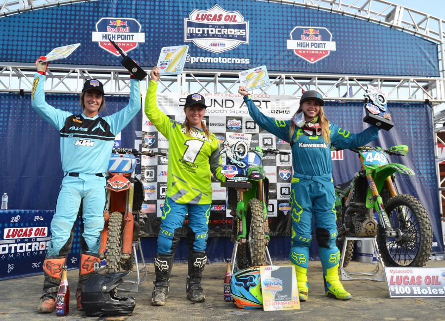 Fasnacht took top honors on the day including clinching the WMX title one race early. Shelby Rolen finished 2nd and Marissa Polencheck rounded out the podium in 3rd.