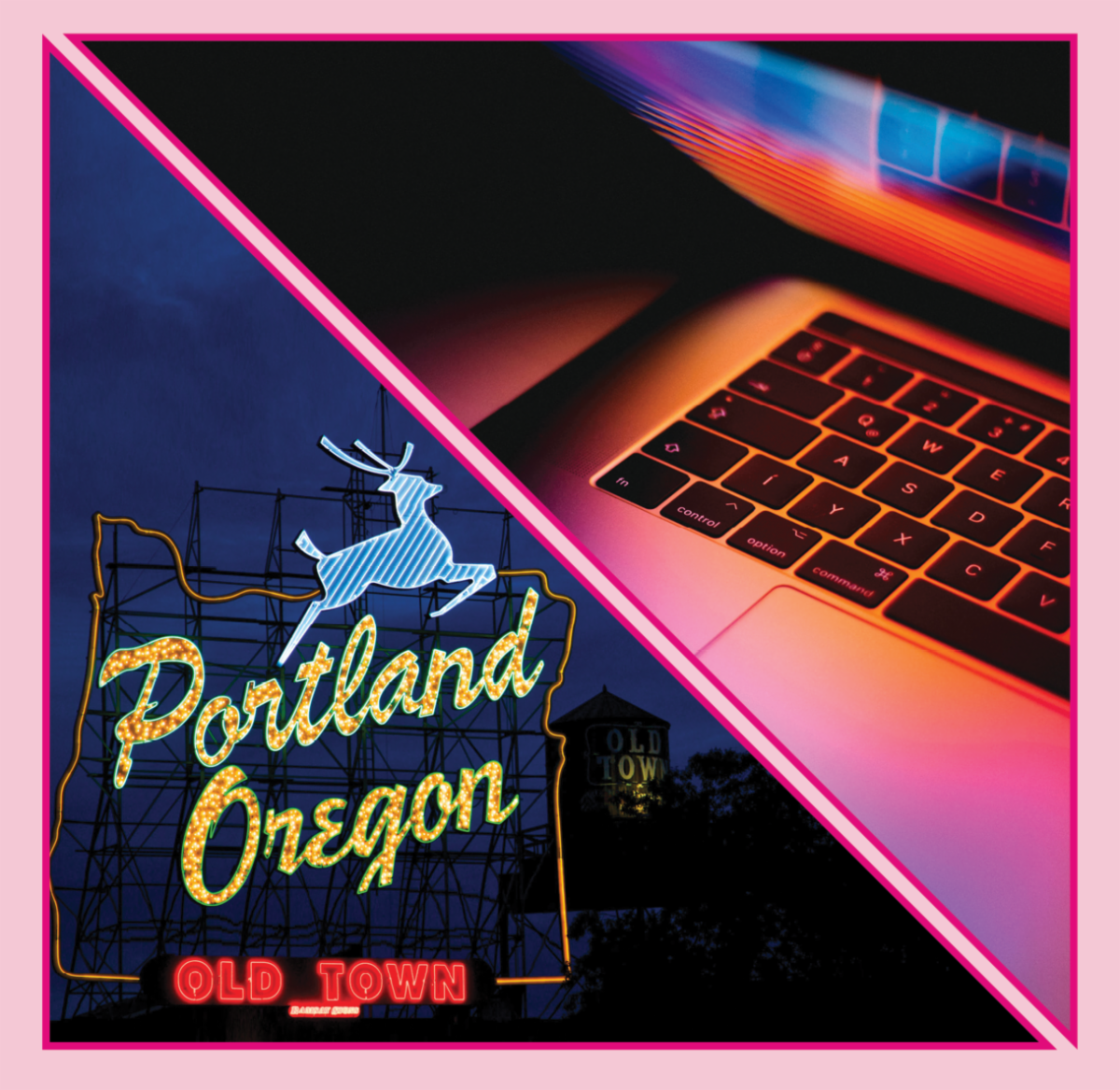 A side by side image of Portland Oregon and a laptop 
