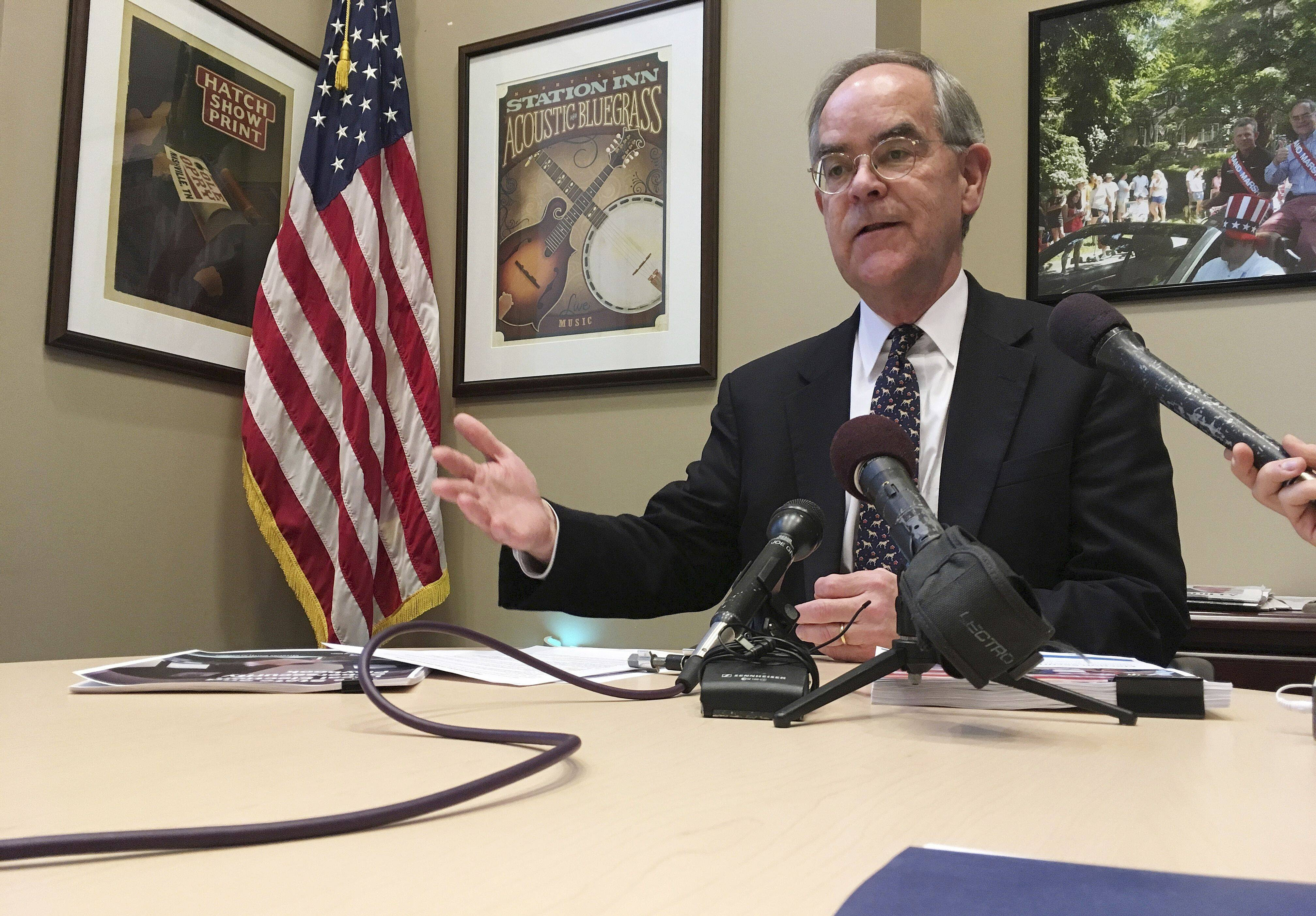 Rep. Jim Cooper, a Tennessee Democrat, talks to reporters at his Nashville office in 2018. (Jonathan Mattise/AP)