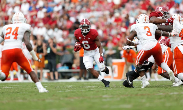 Trey Sanders (#6) runs with the ball for Alabama versus Mercer