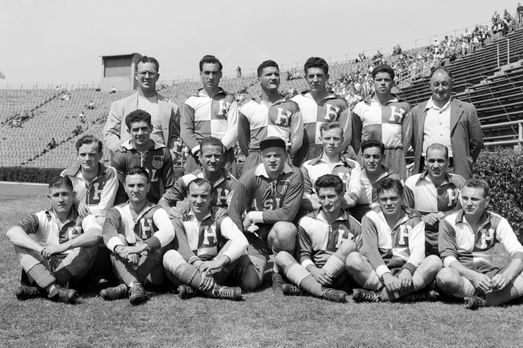 Gaetjens (third from left on top) poses with the US team in New York just before they traveled to Brazil for the 1950 World Cup.