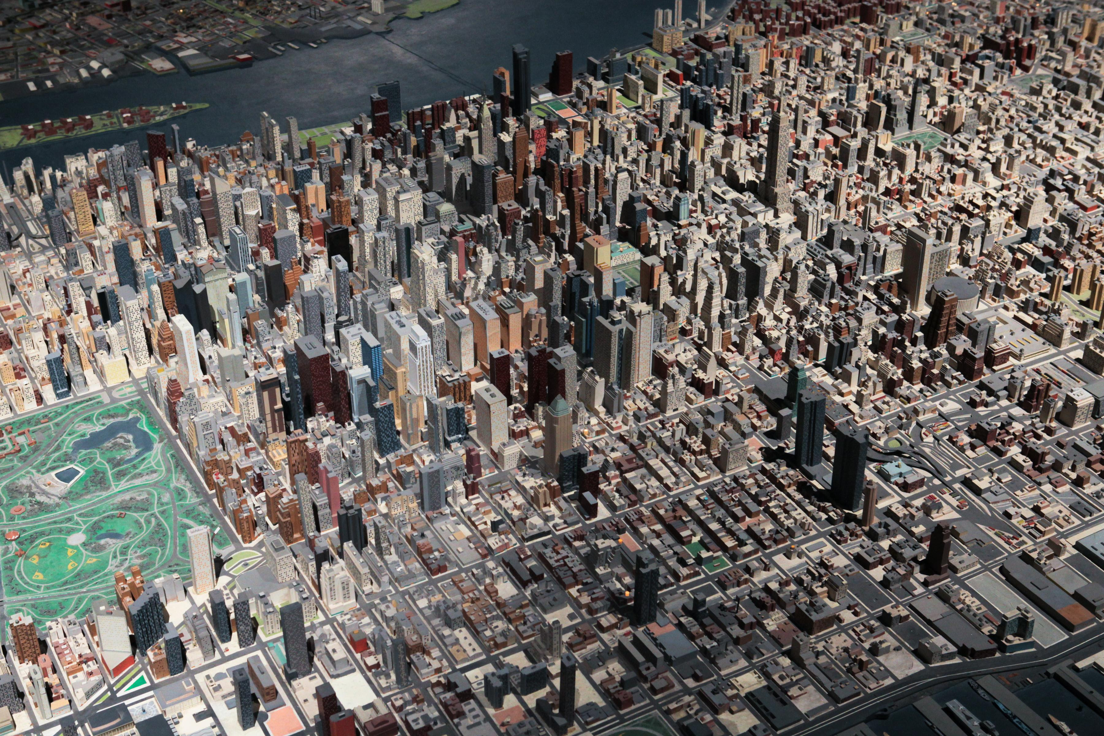 An overhead, zoomed-in view of midtown on The Panorama of the City of New York.