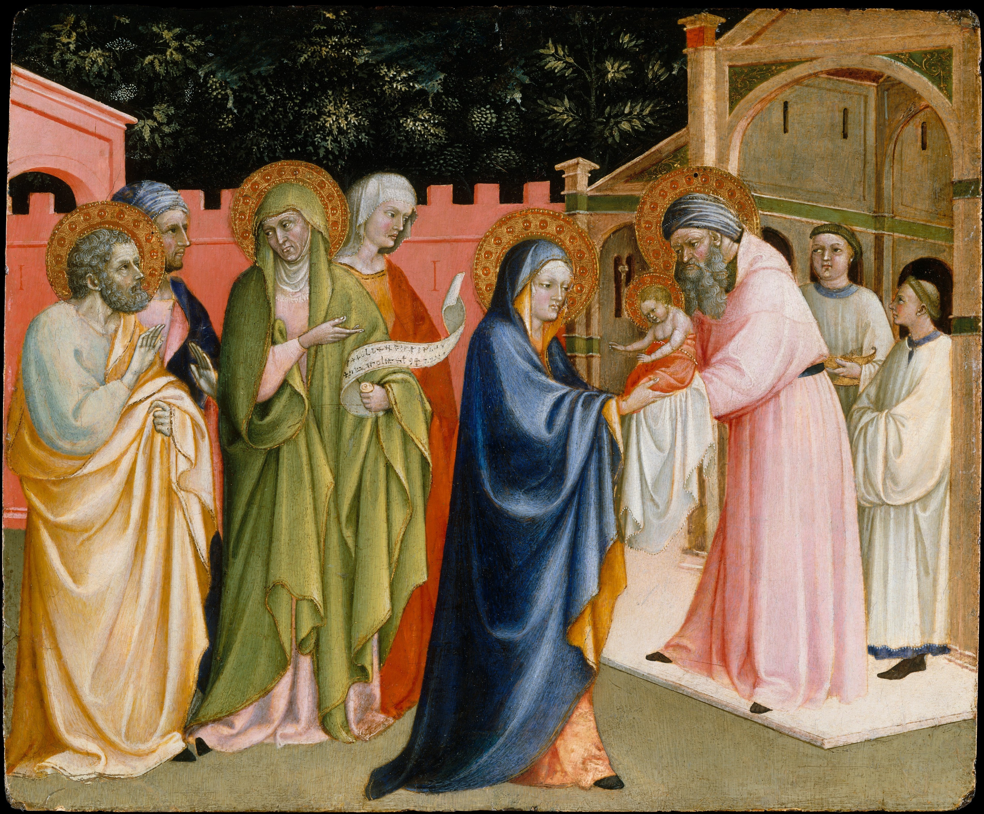 Mary  presents Jesus to Simeon, while Anna, holding a scroll speaks to Joseph.