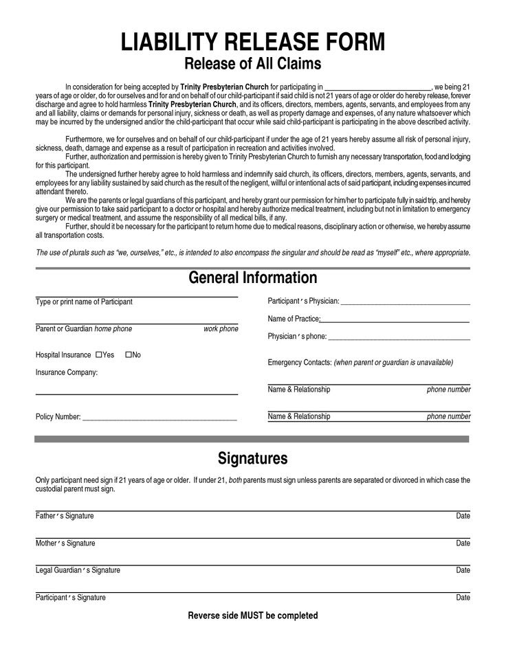 Free Printable Liability Release Waiver Form Form (GENERIC)