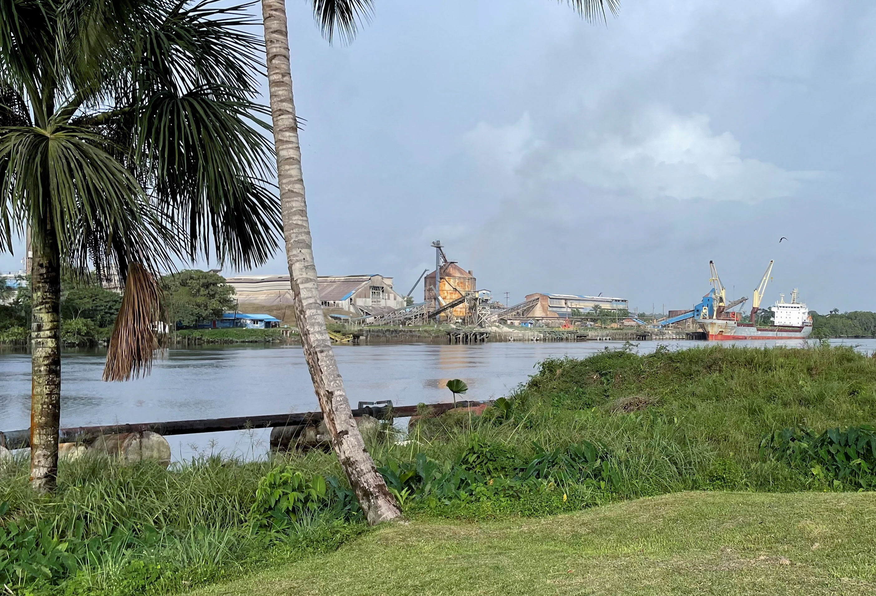 A ship docks in Linden, Guyana