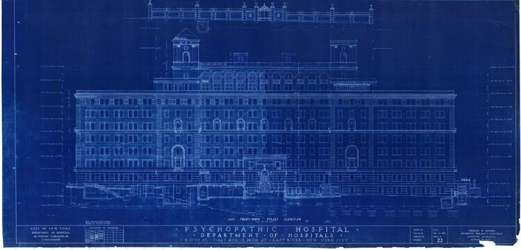 Psychopathic Hospital, Department of Hospitals, Charles B. Meyers, elevation, 1929, blueprint. Manhattan Building Plan Collection, NYC Municipal Archives.