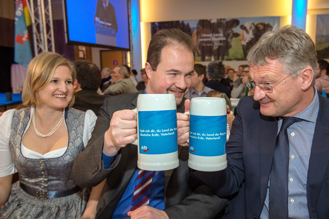 Officials of the Alternative for Germany party at an Ash Wednesday event, including, from right, federal spokesman Joerg Meuthen; Bavaria state chairman Martin Sichert; and state deputy chairwoman Katrin Ebner-Steiner.