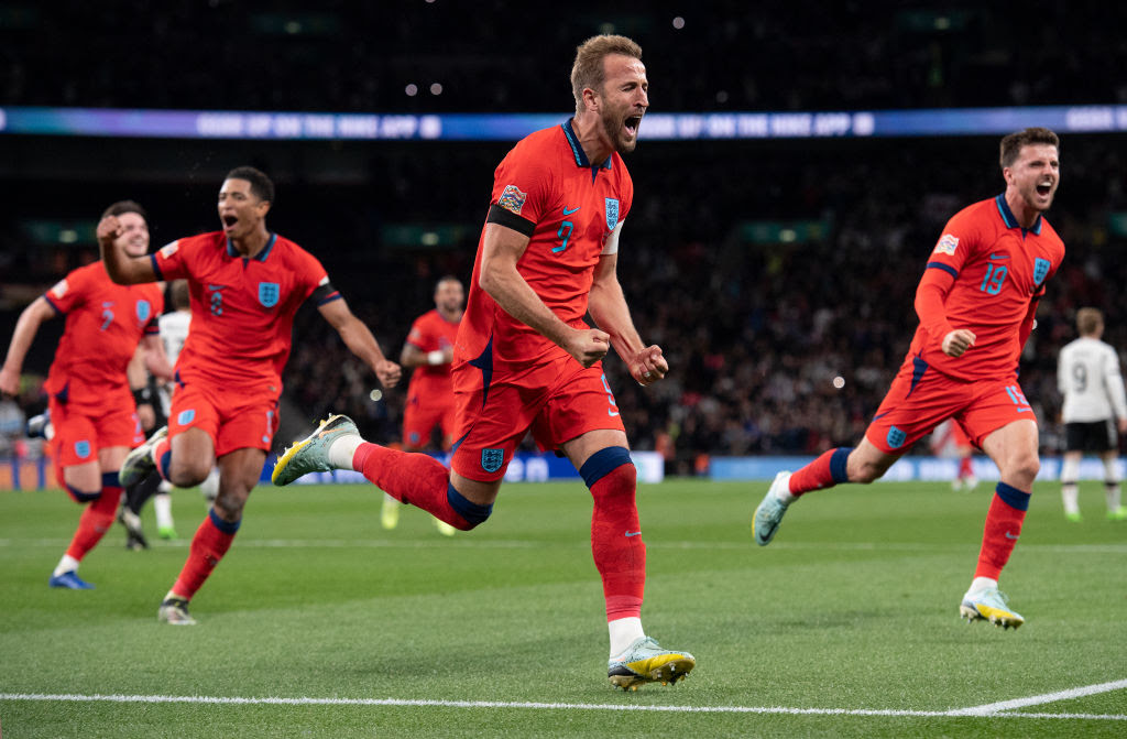 Harry Kane celebrates scoring England's third goal during the UEFA Nations League League A Group 3 match between England and Germany