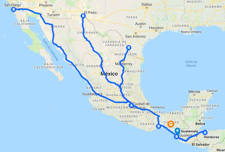 Principales rutas de la caravana migrante. Foto: Google Maps.