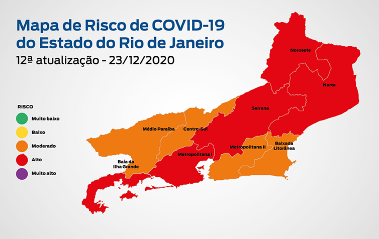Divulgação/Secretaria de Estado de Saúde do Rio de Janeiro Mapa de risco de covid-19 no estado do Rio de Janeiro