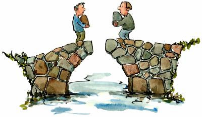 Two men on an unfinished stone bridge, each holding what could be the final stone
