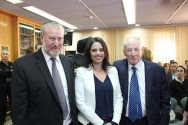 Ayelet Shaked with new AG Avichai Mandelblit (L) and outgoing AG Yehuda Weinstein