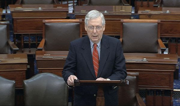 In this image from video, Senate Majority Leader Mitch McConnell, R-Ky., speaks on the Senate floor at the U.S. Capitol in Washington, Saturday, March 21, 2020. (Senate Television via AP)
