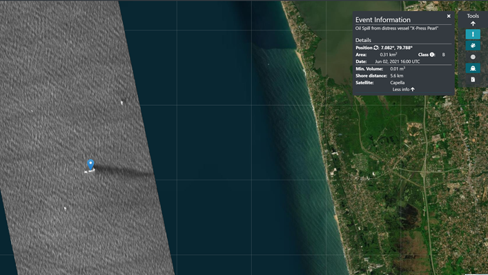 A screenshot of satellite data analyzed by Orbital EOS, showing an oil spill near Sri Lanka.