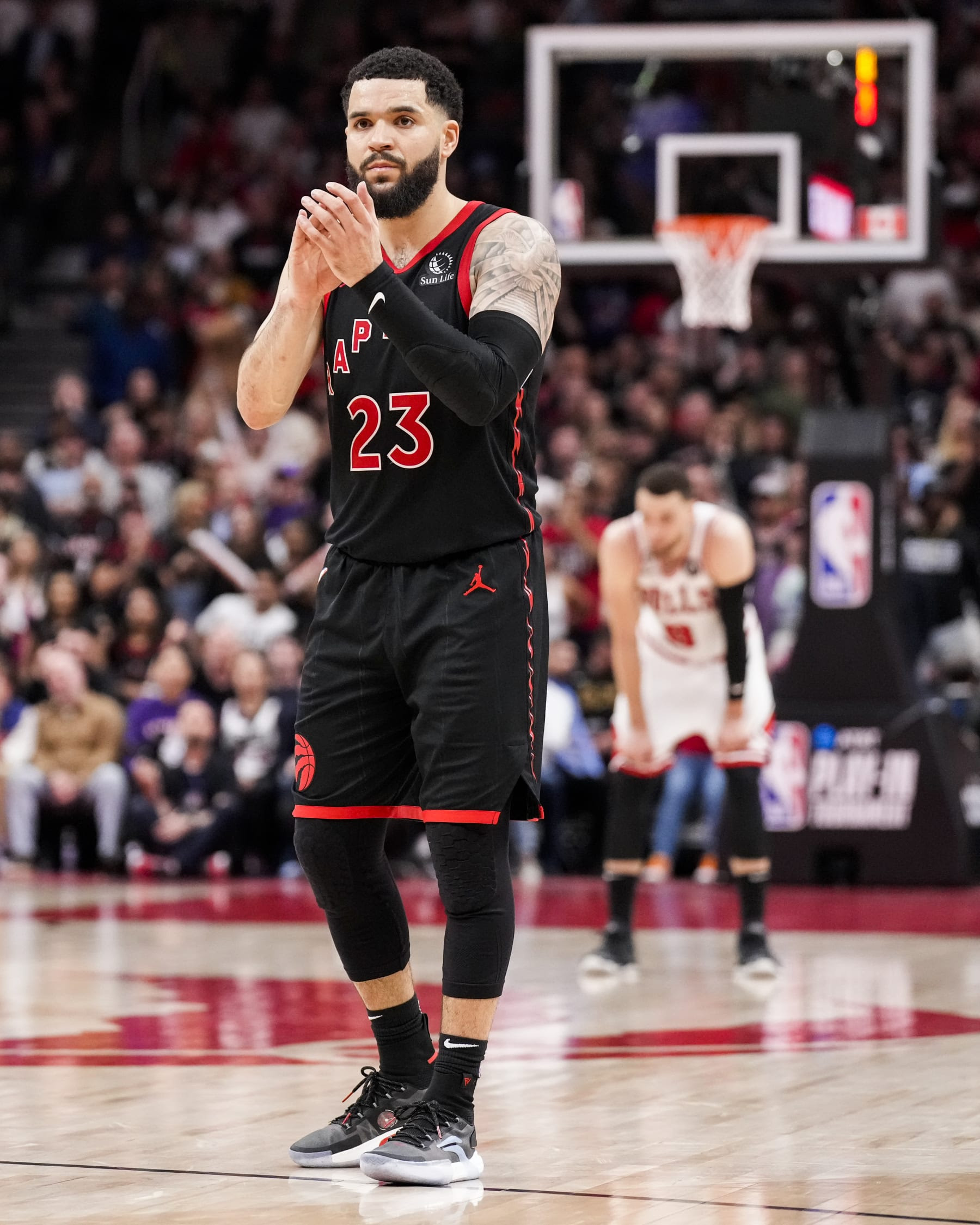 TORONTO, ON - APRIL 12: Fred VanVleet #23 of the Toronto Raptors looks on against the Chicago Bulls during the 2023 Play-In Tournament at the Scotiabank Arena on April 12, 2023 in Toronto, Ontario, Canada. NOTE TO USER: User expressly acknowledges and agrees that, by downloading and/or using this Photograph, user is consenting to the terms and conditions of the Getty Images License Agreement. (Photo by Andrew Lahodynskyj/Getty Images)