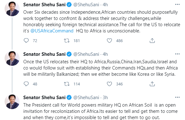 The President?s call for World powers military HQ on African soil is an open invitation for recolonisation of Africa - Shehu Sani 