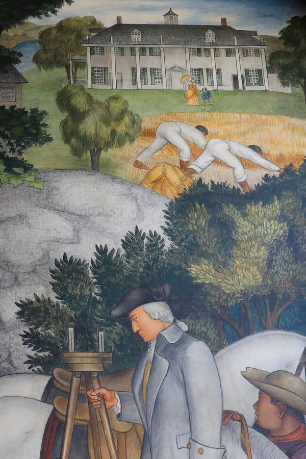 A detail from one of the panels, which shows Washington’s slaves working in the fields of Mount Vernon.