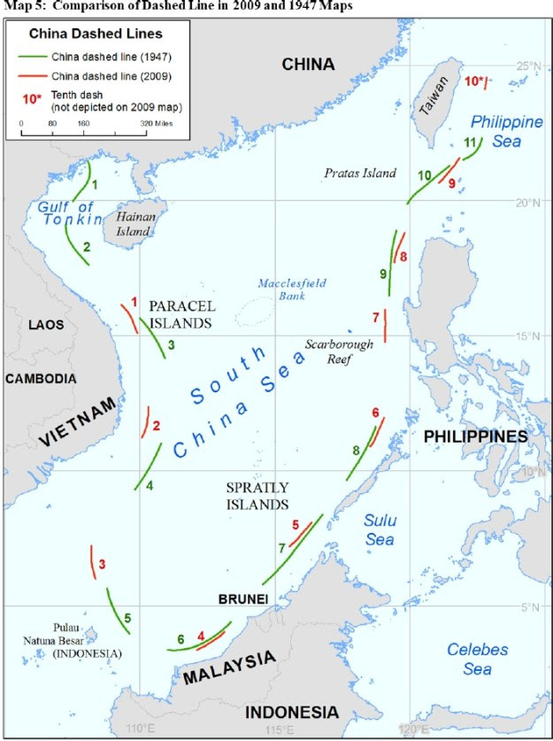 A map of China's shifting definition of the so-called Nine-Dash Line. US State Dept. Image 