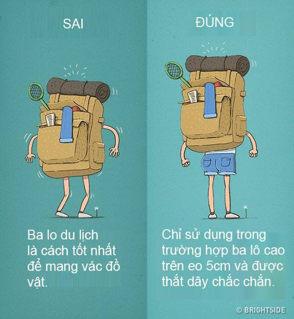 Mang ba lô quá nặng có thể gây ra các bệnh đau lung, cổ. Bạn nên đeo ba lô từ vị trí cao hơn 5cm tính từ thắt lưng, đồng thời, bạn cũng nên thắt đầy đủ dây, đai.