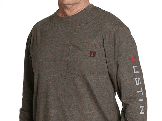 Long Sleeve Pocket Tees shown in Heather Charcoal.