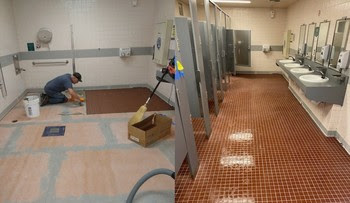 Person working on the ground of a room on the left and shot of the completed restroom on the right