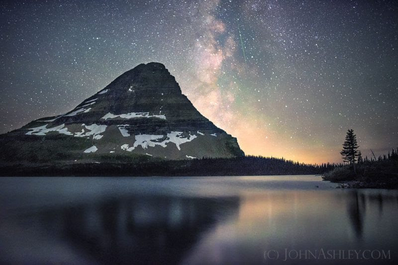 John Ashley, who often shots in Glacier National Park in Montana, caught this meteor on July 31, 2016, over the park's Hidden Lake. Thank you, John. Visit John Ashley Fine Art.