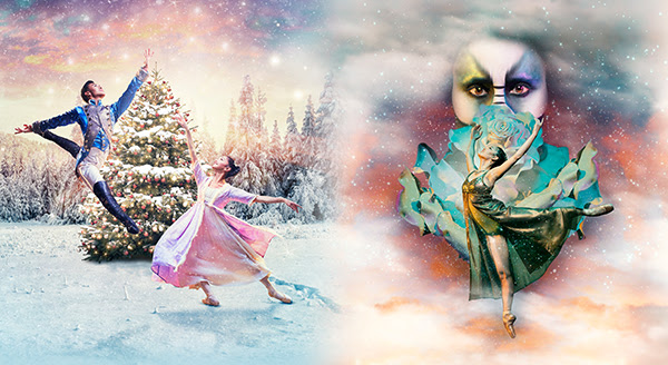 A man and a woman dance in a winter wonderland/ a woman dances against a giant rose as a mysterious face watches