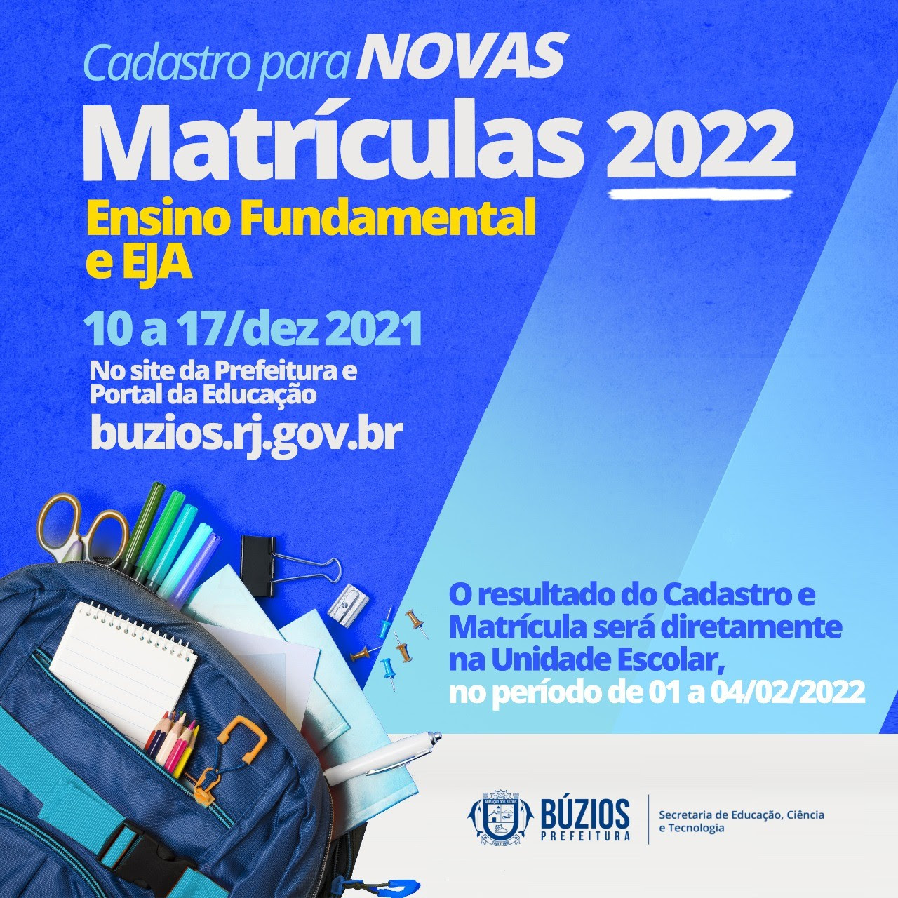 Cadastro para novas Matrículas do Ensino Infantil, Fundamental e EJA ocorre entre os dias 10 e 17 de dezembro.
