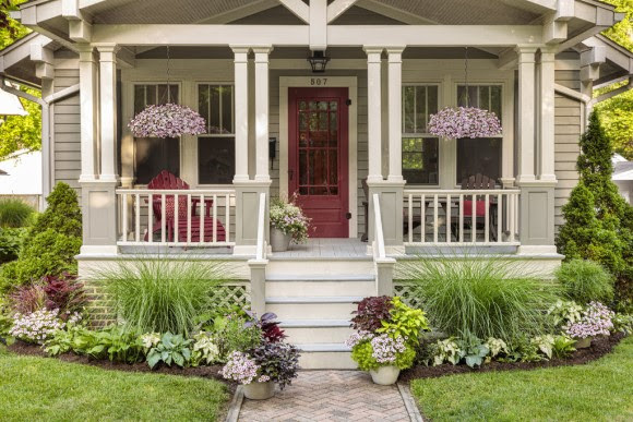 Porch with hanging baskets