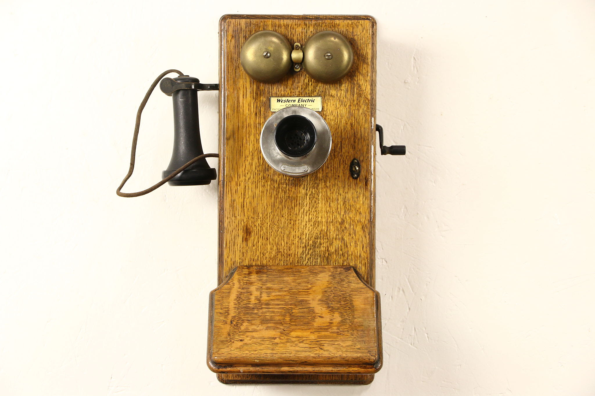 Oak Western Electric Signed Antique Wall Phone, Crank Generator, Pat. 1913