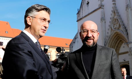 Andrej Plenković (L) welcomes European council president Charles Michel (R) in Zagreb on Thursday.
