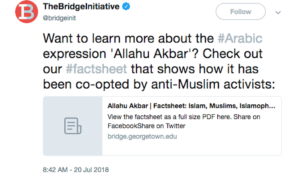 Saudi-funded Georgetown University’s Bridge Initiative claims “Allahu akbar” “co-opted by anti-Muslim activists”