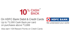 10% Cash Back on HDFC Bank Debit & Credit Cards