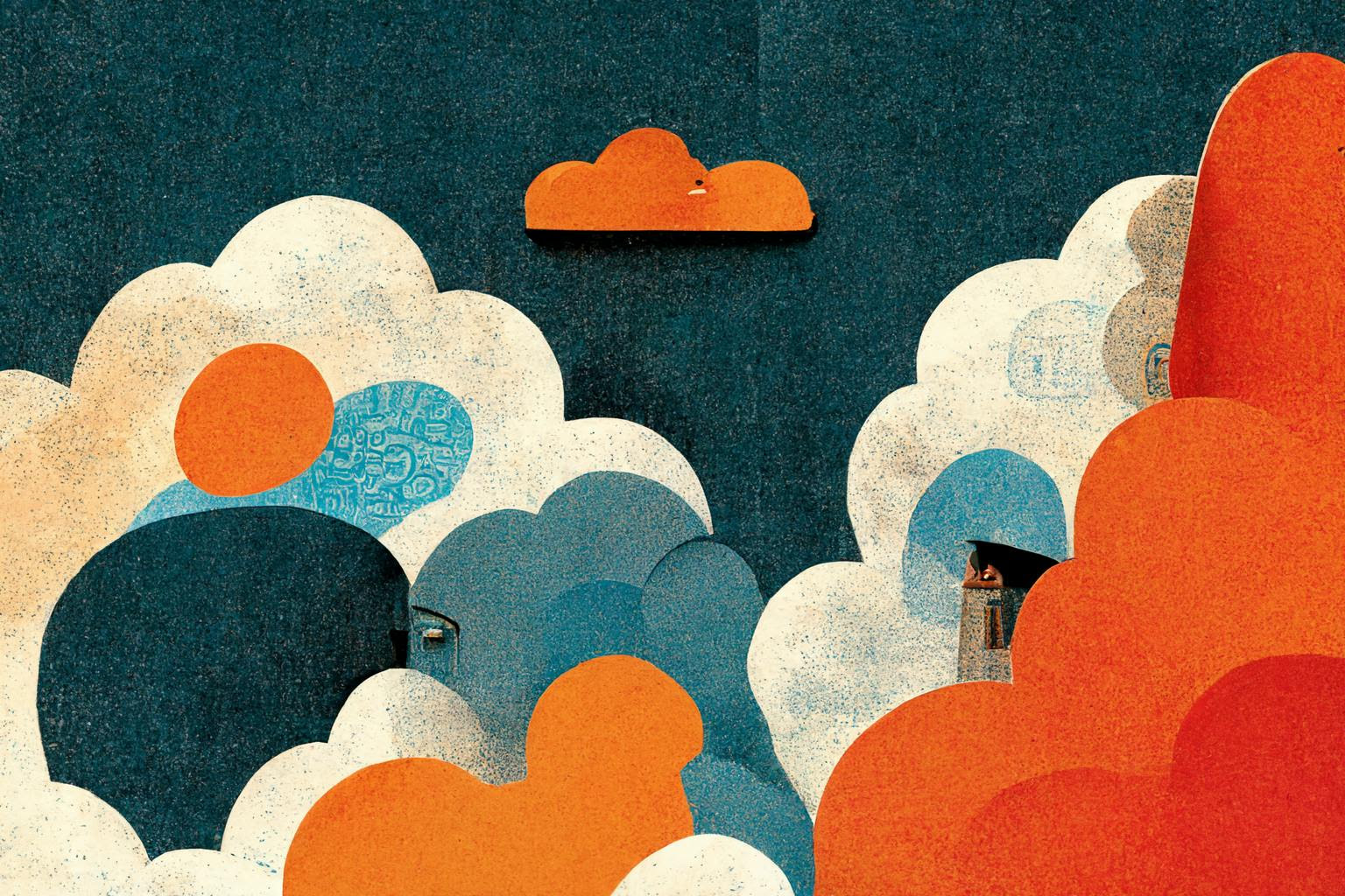 editorial illustration about curiosity, and questioning different doorways and clouds, playful possibilities, collage and pencil crayon, blues and orange palette, in the style of UKIOYO-E